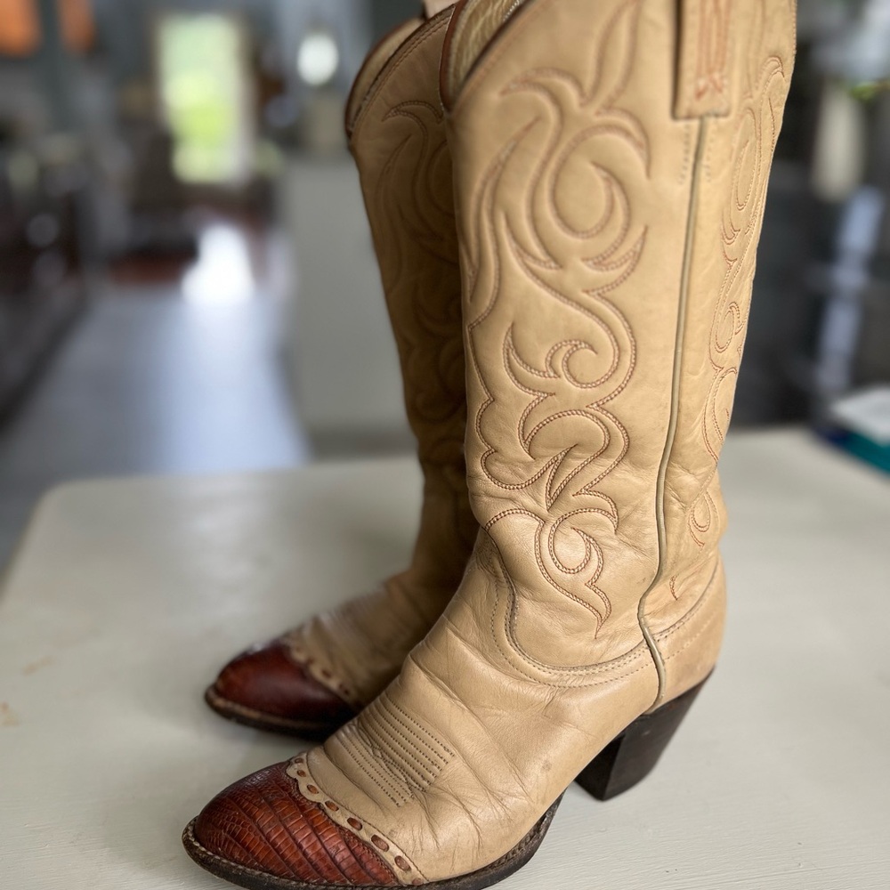 Dan Post Cream and Brown Heeled Boots - Vintage